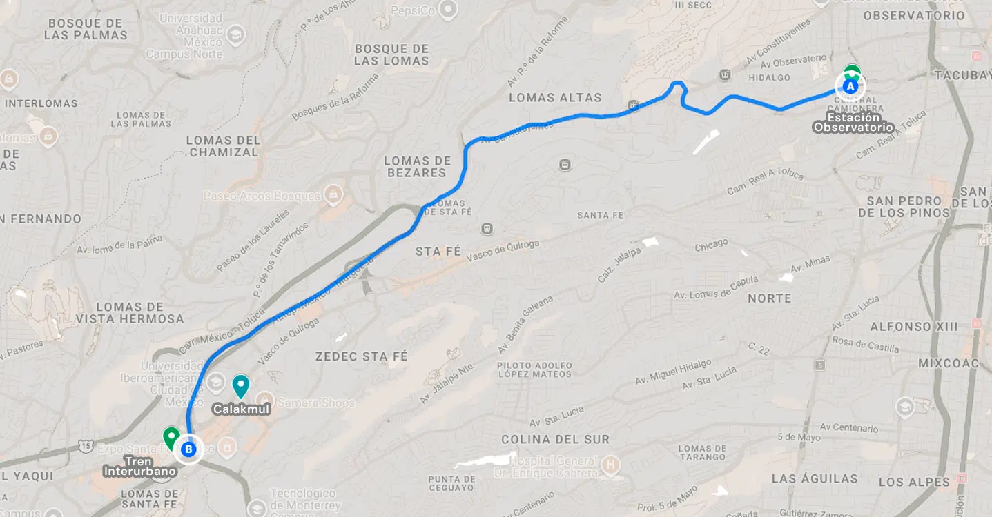 Mapa de conectividad multimodal entre Calakmul, Tren Interurbano y Metro